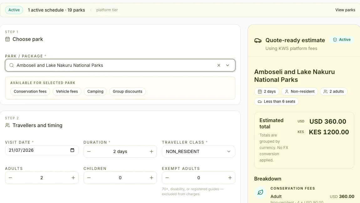 SafariFlow park-fee calculator showing traveller inputs and a completed estimate.