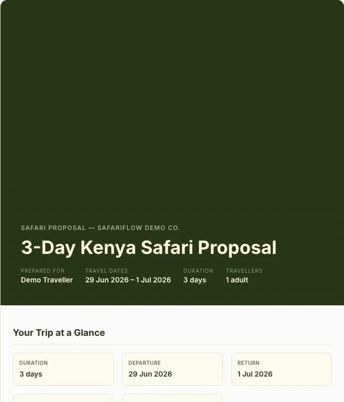 SafariFlow client proposal preview for a three-day Kenya safari.
