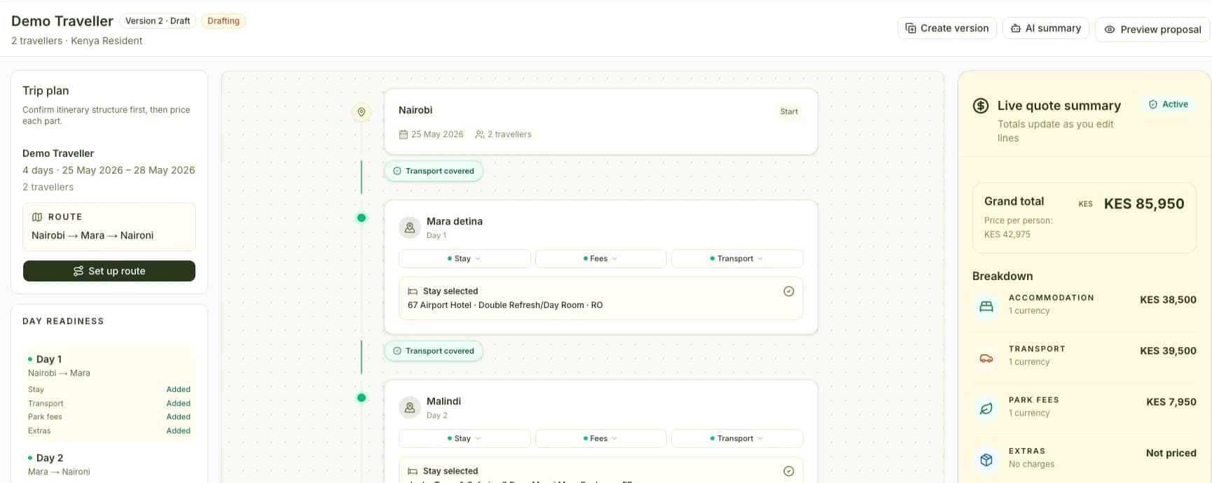 SafariFlow quote builder showing an itinerary canvas and a live quote total breakdown.